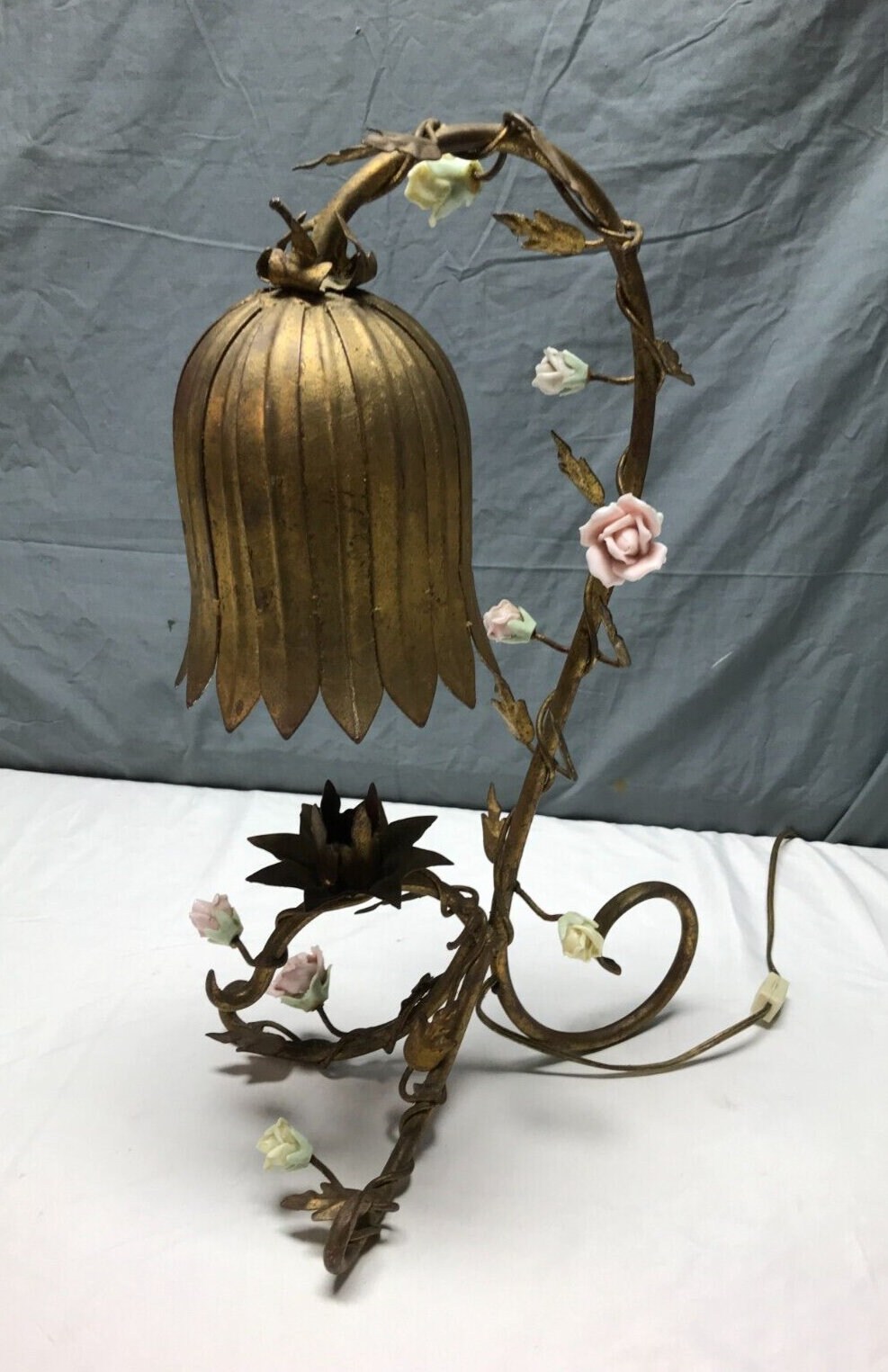 Antique Vintage Metal Porcelain Roses Table Lamp Shabby Gold Chic Old 1890-23B