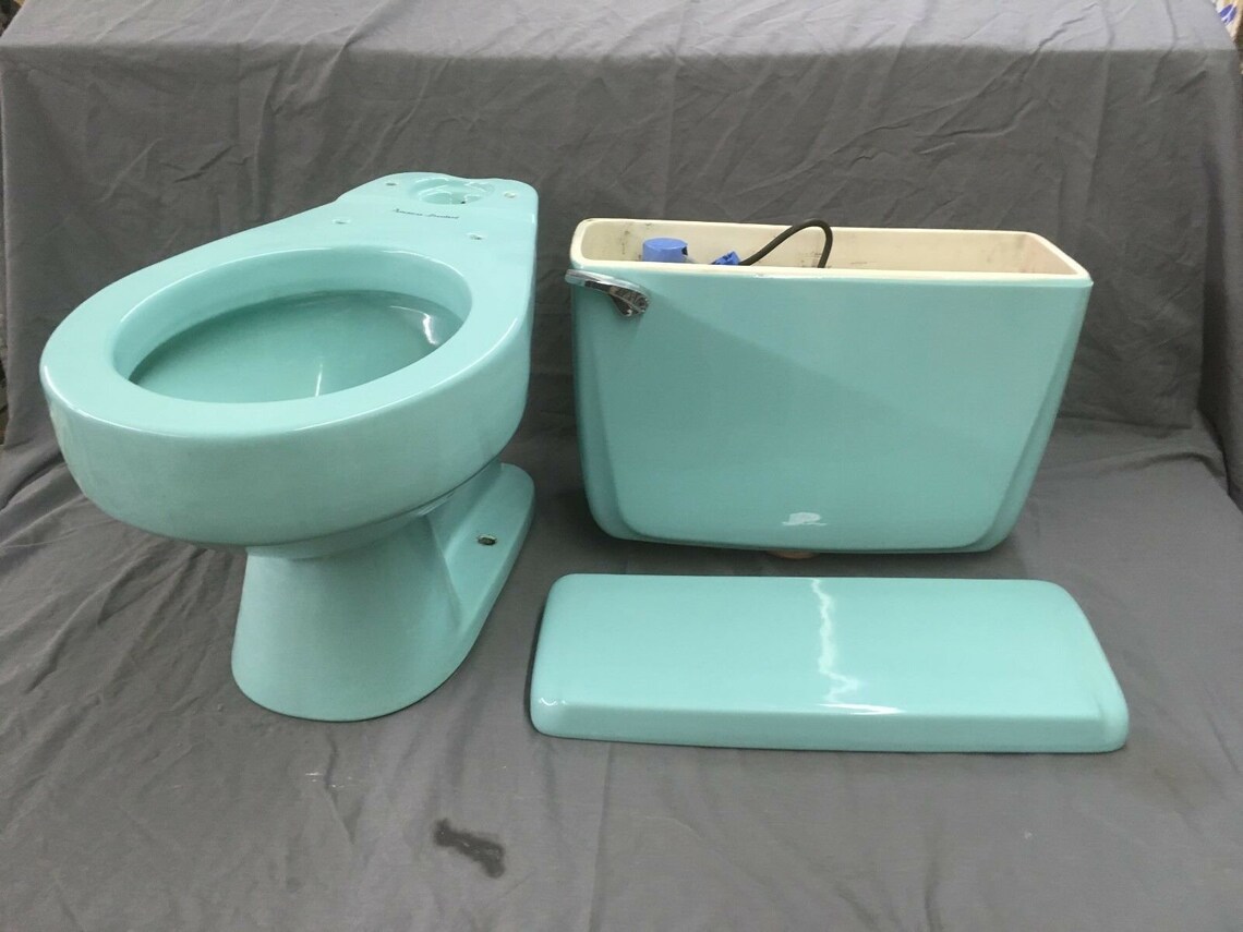Vtg Mid Century Aqua Blue Porcelain Toilet Bowl Tank Lid Etsy