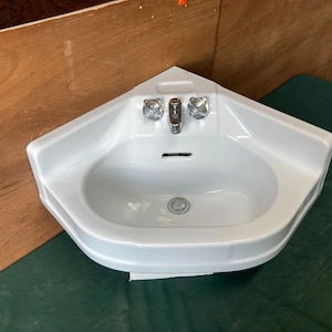 Vtg Mid Century Ceramic White Porcelain Corner Bath Sink Old Crane 356-25E