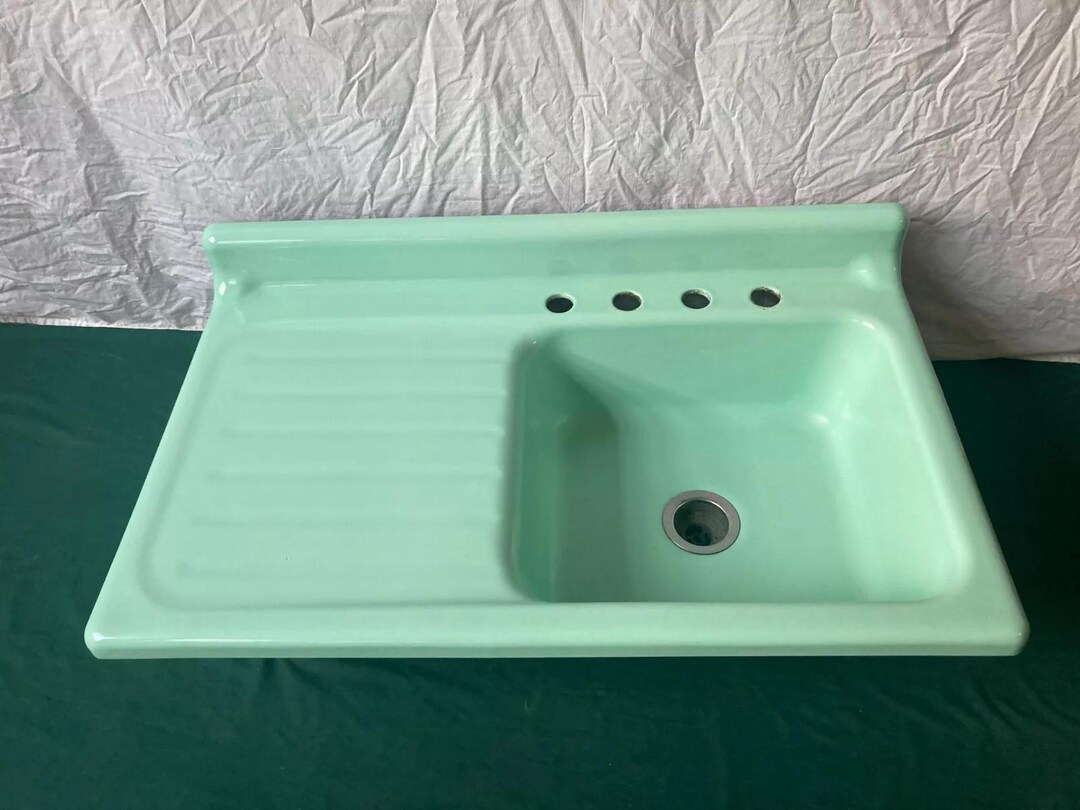 Vtg Mid Century 42x25 Cast Iron Jadeite Ming Green Kitchen Sink ...