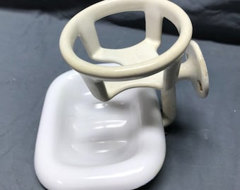 Antique VTG Cast Iron Porcelain Cup Holder Soap Dish Milk Glass Old 200-23B