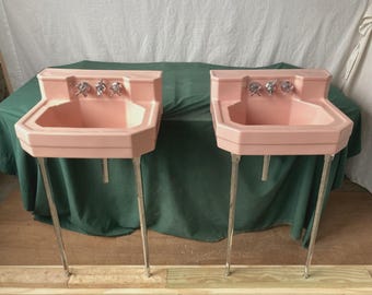 Vintage Pair Mid Century 21x18 Coral Blush Pink Sink Chrome legs Eljer 466-26E