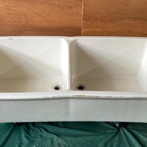 Vintage Mid Century 43x23 Industrial Double Basin Fireclay Utility Slop Sink 173-25E *Pick up only or buyer arrange shipping**