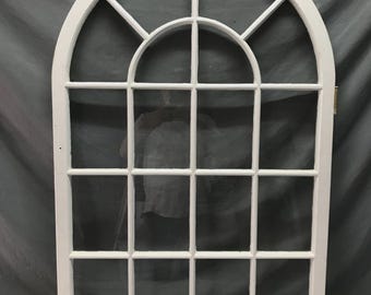 Antique VTG Arch Top 18 Lite White 30x45 Cabinet Cupboard Door Window 887-25B