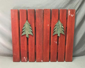 Vintage Pair Cottage Country Wood Pine Tree Shutters 16x27 VTG Red Old 1442-25B