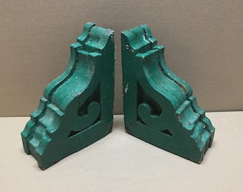 Pair Antique Wood Corbel Roof Brackets Shabby Green Chic Old Vintage 1122-26B