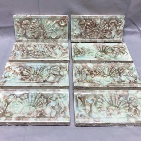 Antique Lot 8 Decorative Shell Ceramic Bathroom Tile 3x6 Vintage Old 134-23B