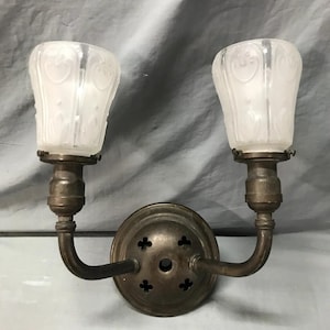 Antique Single Gothic Mission Brass Double Arm Glass Sconce Light Old 725-25B