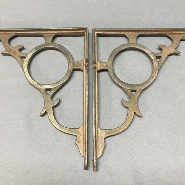 Antique VTG Pair 7x9 Cast Iron Small Shelf Brackets Decorative Gold Old 1845-25B
