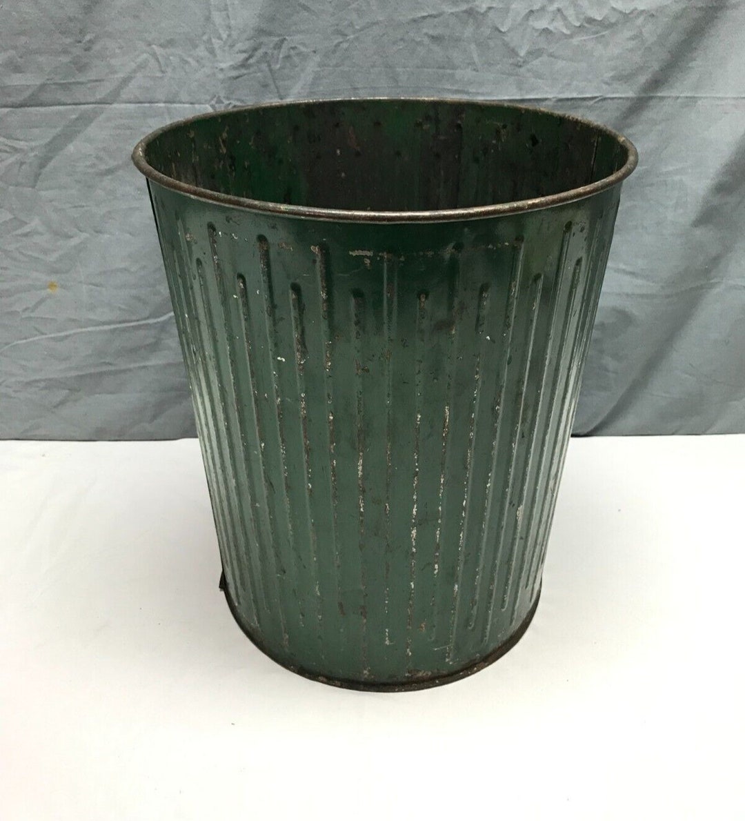 highly sought after original american depression era expanded steel nemco  green painted office trash or paper can with securely attached bottom