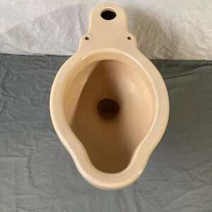 May include: A cream-colored ceramic toilet bowl with a smooth, rounded interior. The bowl has a single hole at the top for the water supply.