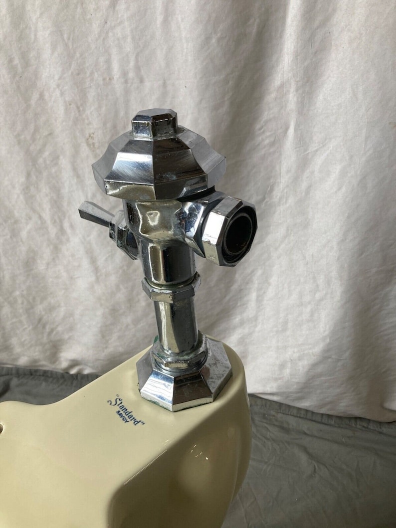 May include: Close-up of a chrome toilet tank fill valve with a white porcelain toilet bowl. The toilet bowl has the text "Standard" and "Savoy" printed on it.