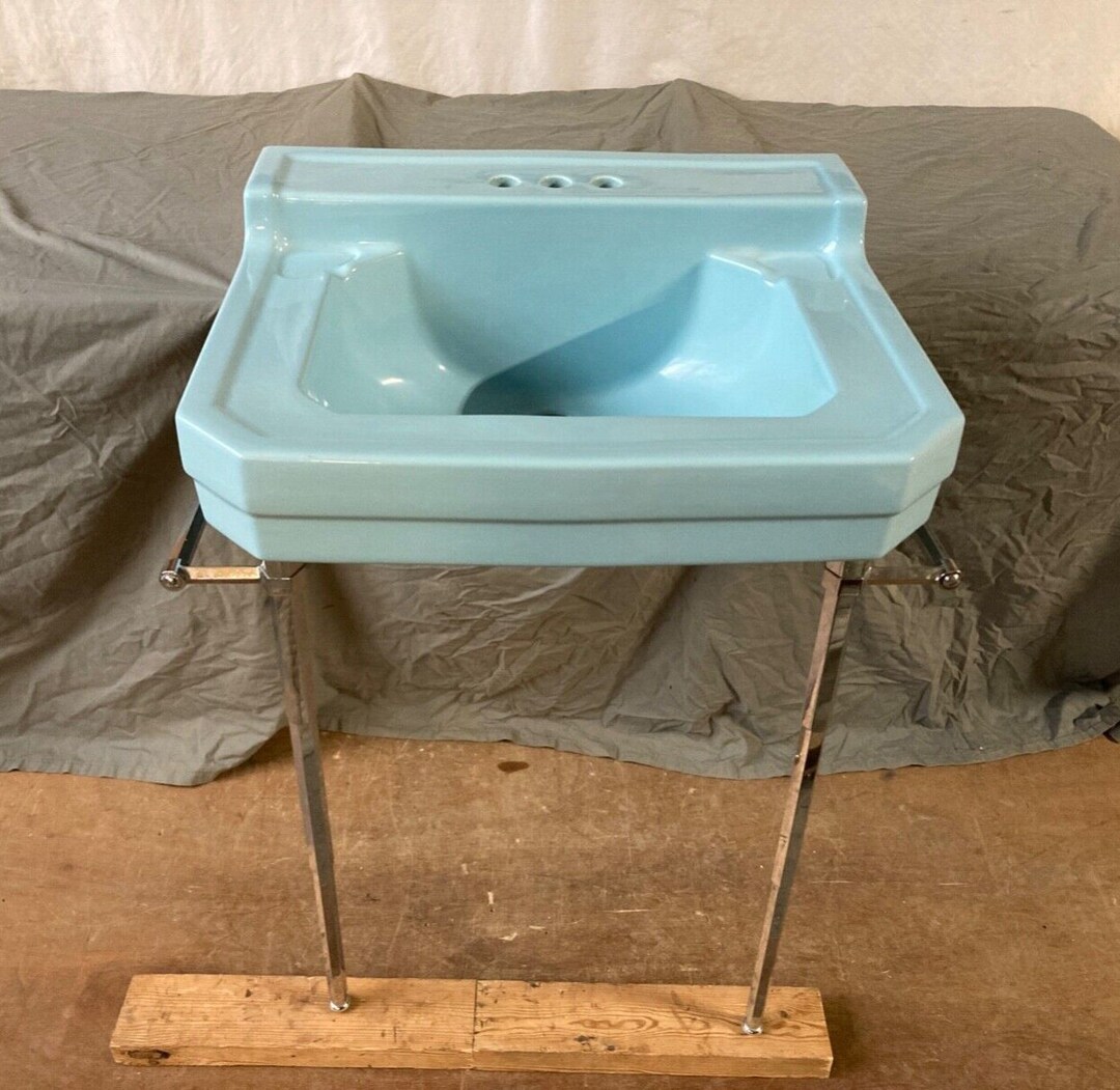 Vtg Mid Century Powder Blue Porcelain Bath Sink Chrome Legs Etsy