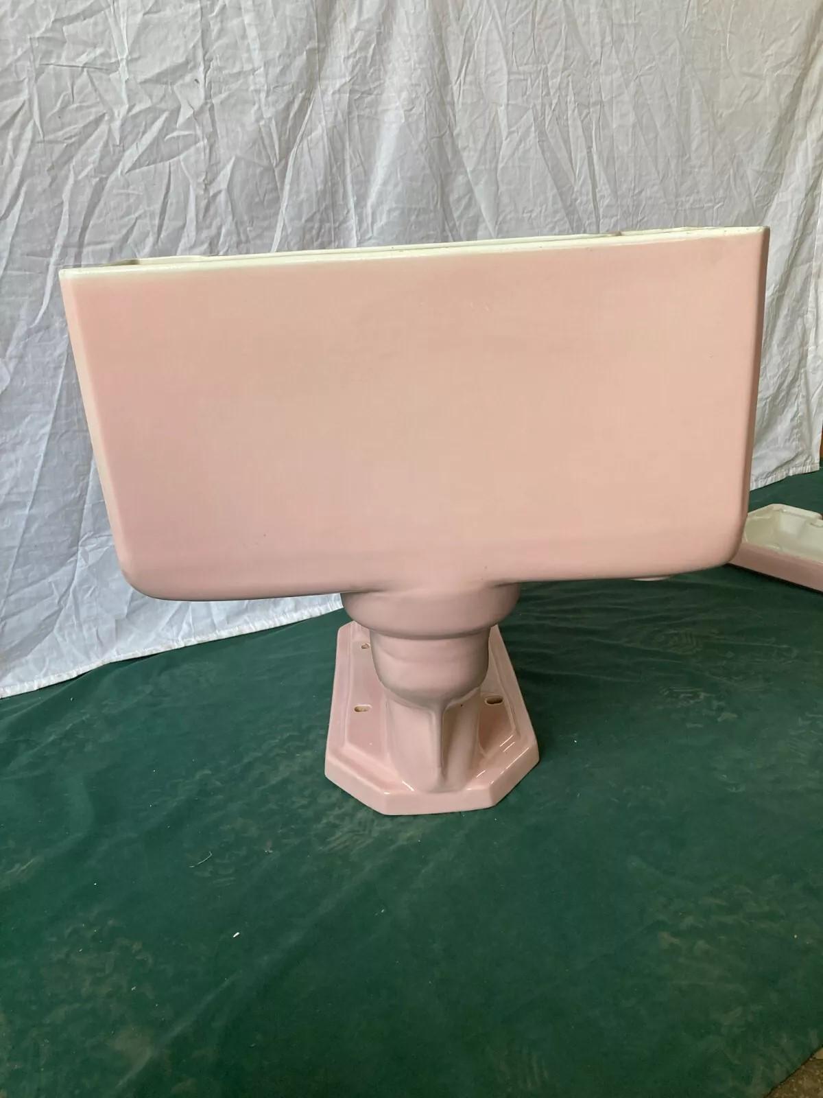 Vtg Mid Century Deco 1 Piece Low Boy Toilet Coral Pink Round Bowl