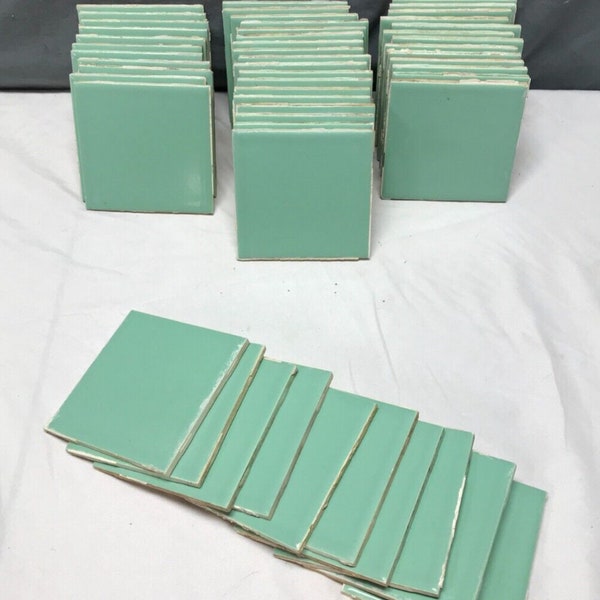 50 VTG Jadeite Ming Green WENCZEL Ceramic Bathroom Tiles 4" Sq Old 496-24B