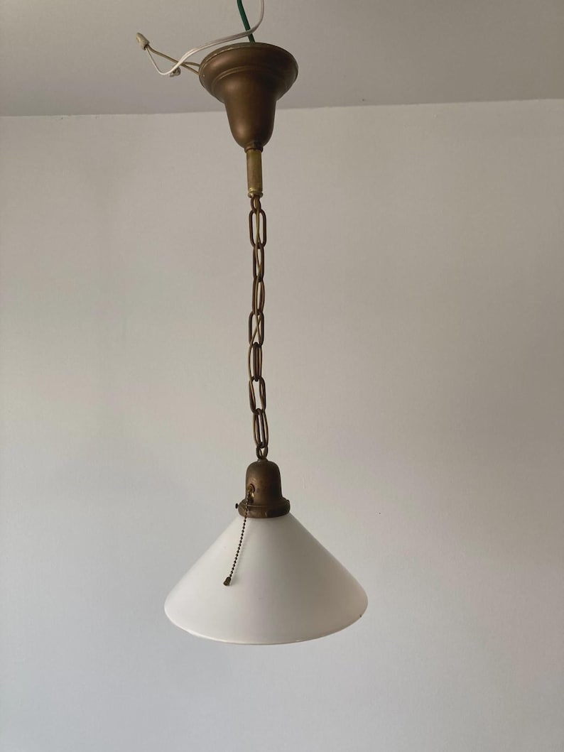 Antique Brass Pendant Ceiling Light Fixture Conical Milk Glass Shade ...
