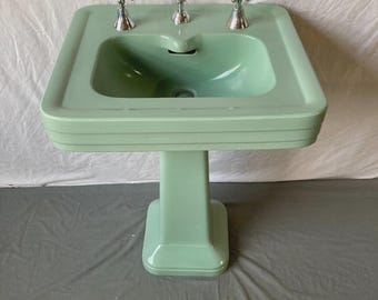 Antique Ceramic Pale Jade Green Pedestal Bath Sink Old Vtg Crane Corwith 143-26E**Pick up only**
