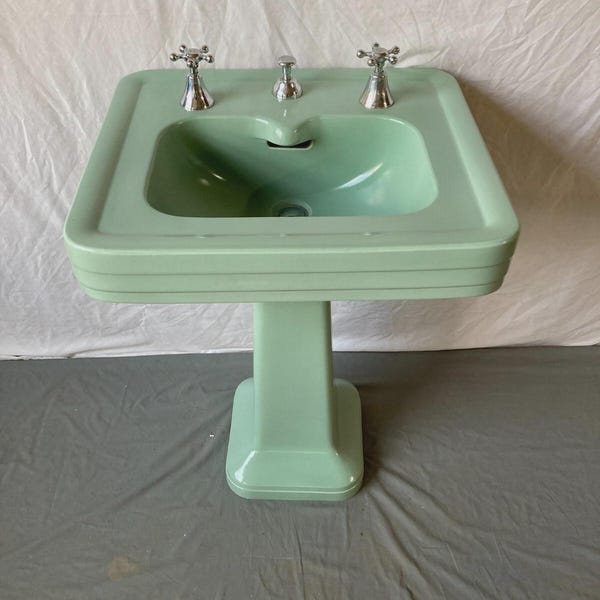Antique Ceramic Pale Jade Green Pedestal Bath Sink Old Vtg Crane Corwith 143-26E**Pick up only**