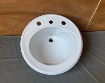 Vtg White 19" Round Self Rimming Drop In Bath Sink NOS Crane Lavatory 258-23E