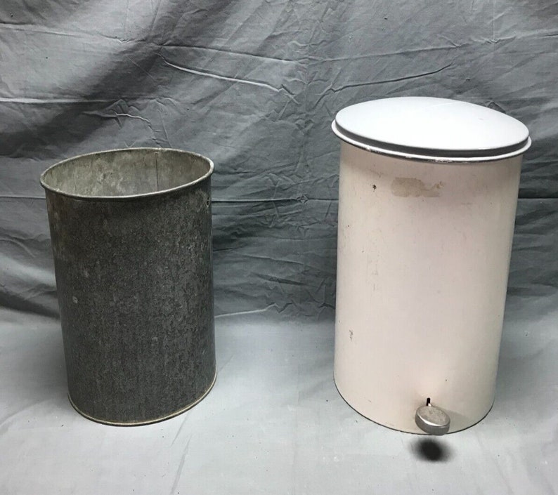 VTG Metal Cylinder Trash Can Waste Basket Flip Top Lid Office Etsy