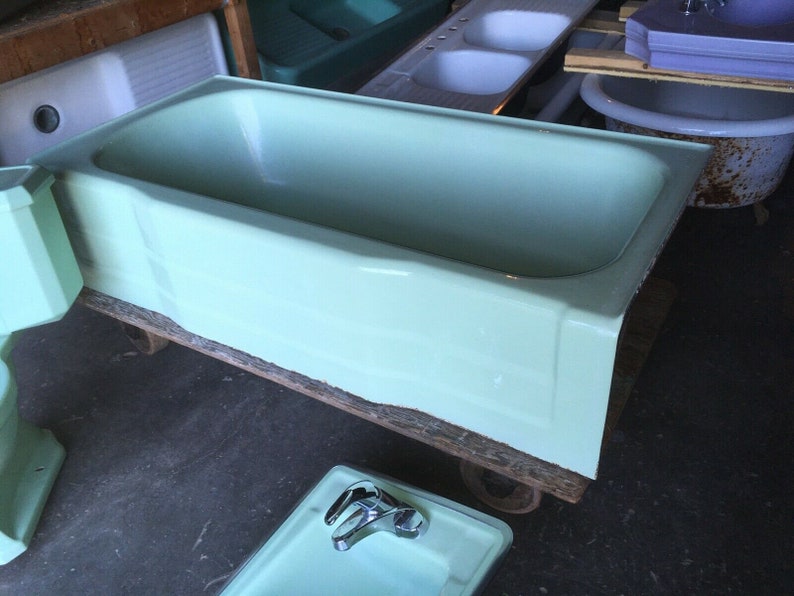 Vtg Mid Century Deco Pale Jadeite Green Bathroom Set Old Tub Etsy