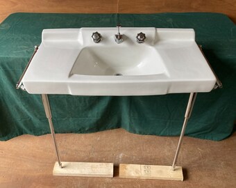 Vtg Mid Century White Console Bath Sink Chrome legs Towel Bars Old 133-24E