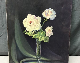 VTG 12" x 16" Stretched Canvas on Board Floral Roses Painting Old 2117-23B