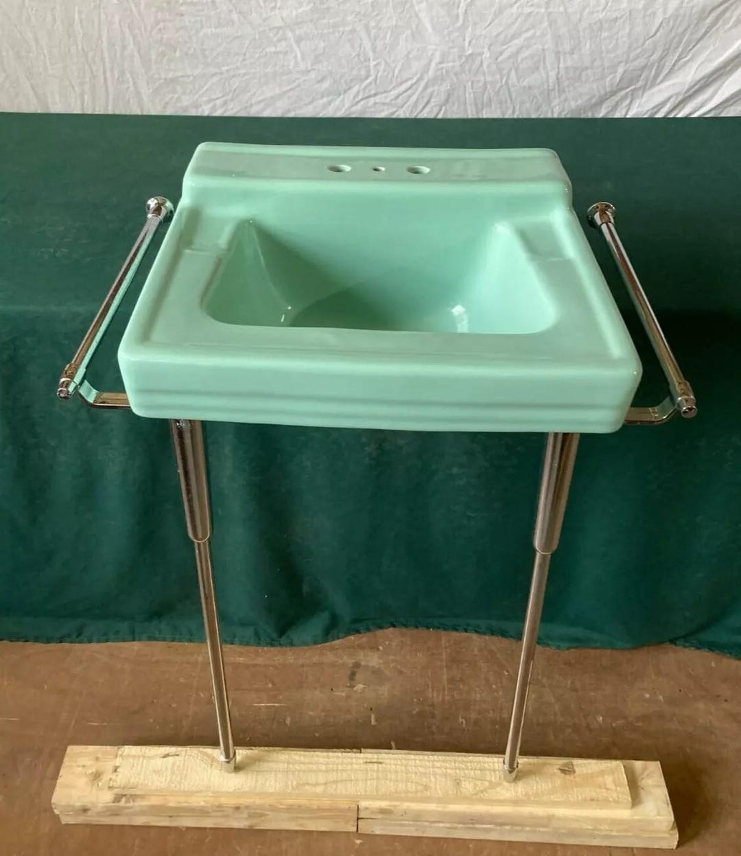 Vintage Mid Century Jadeite Ming Green Bath Sink Chrome Brass Legs ...