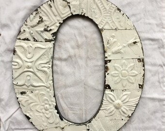 Tin Ceiling Wrapped 16" Letter "O" Patchwork Reclaimed Metal Mosaic White Wall Hanging 1-18i