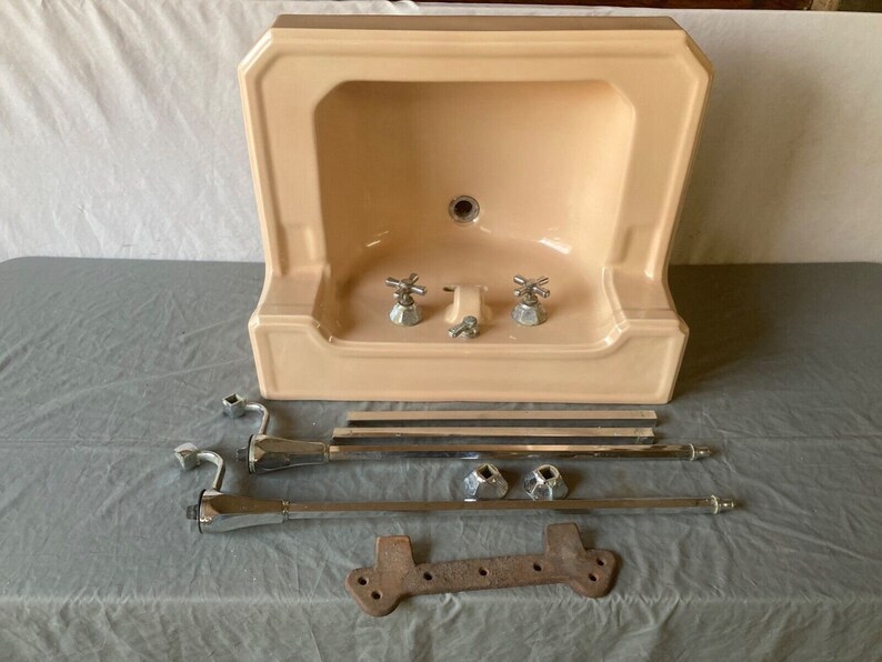 Antique Tan Beige Porcelain Sink Chrome Legs Towel Bars Old Etsy