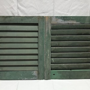 May include: A pair of weathered green wooden shutters with metal hardware. The shutters are closed and have a rustic look.