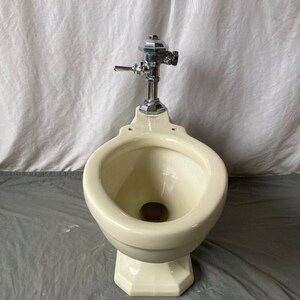 May include: A vintage, off-white pedestal toilet bowl with a chrome flush valve.