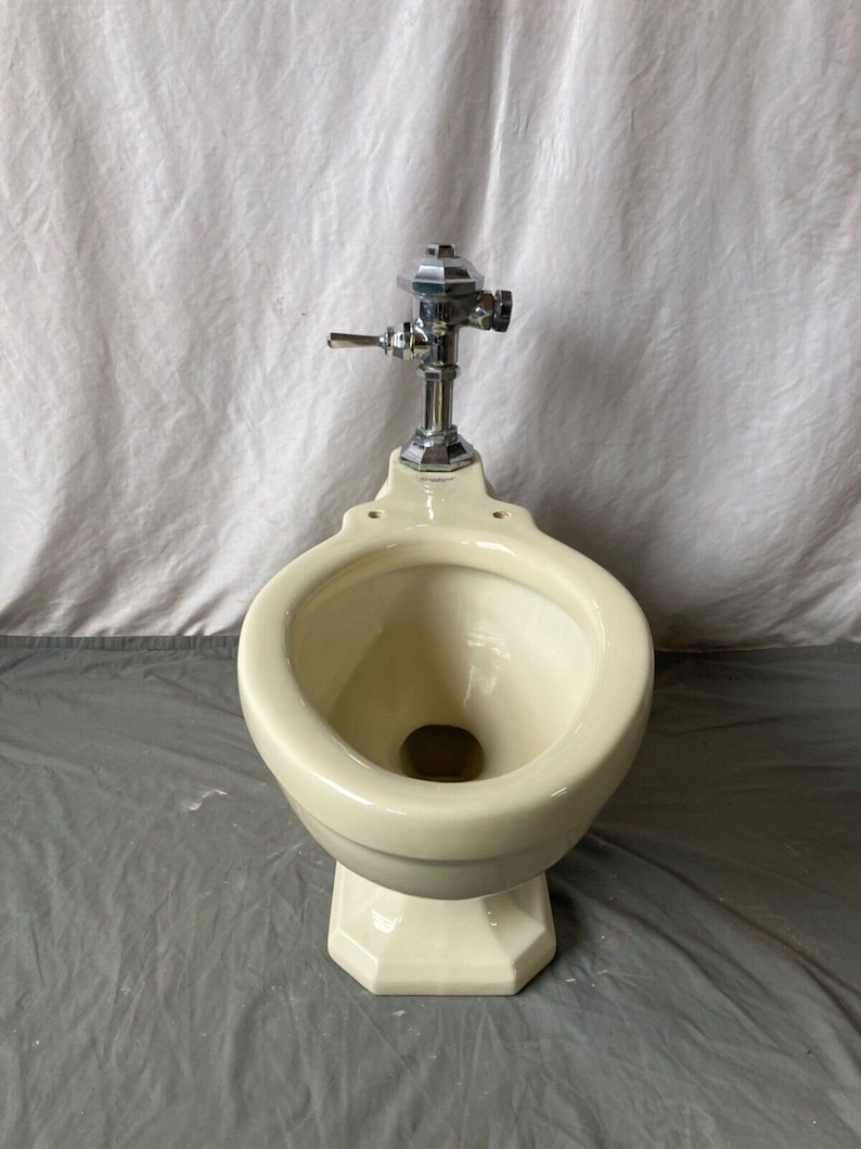 May include: A vintage, off-white pedestal toilet bowl with a chrome flush valve.