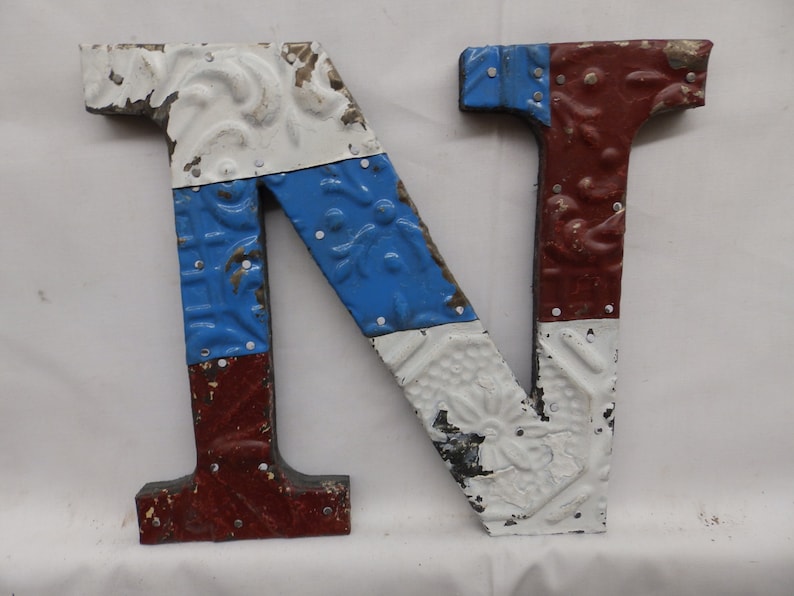 Tin Ceiling Wrapped 8 Letter N Patchwork Reclaimed Metal Mosaic Wall Hanging S1987-14