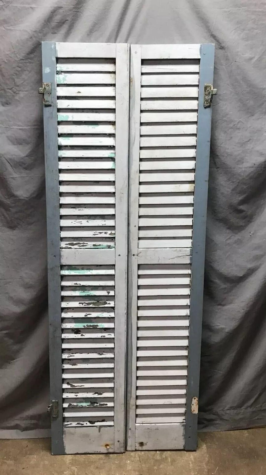 Pair Antique Window Wood 12x63 Louvered Shutters Shabby Blue Old