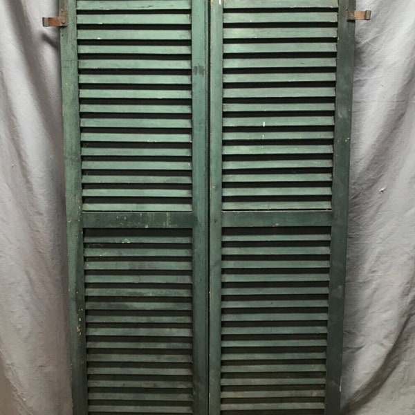 Pair Antique Arch Top 17x64 Wood Louvered House Shutters Shabby Green 359-24B