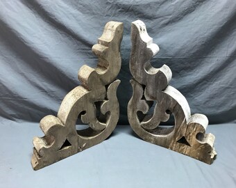 Antique Pair Distressed Roof Brackets 14x18 Shabby Wood VTG Corbels Old 658-24B