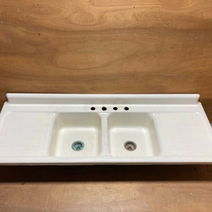 Vtg Mid Century White Porcelain Duble Basin Drainboard Kitchen Farm Sink 521-21E