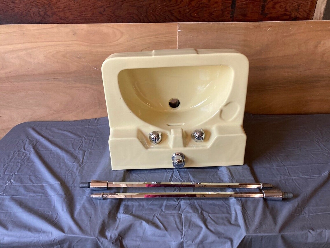 Vtg Mid Century Yellow Porcelain Bath Sink Chrome Legs Old Etsy