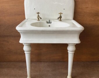 31x23 Antique White High Back Earthenware Bath Console Sink Legs Vtg 236-26E **Pick up only**