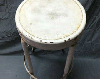 Antique Shabby White VTG Metal Seat Master Stool Plant Stand Old Chic 537-22B