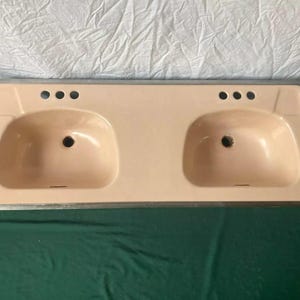 Vintage  Mid Century Cast Iron Peachy Tan Porcelain Double Drop In Bath Sink 264-24E ****Pick up****