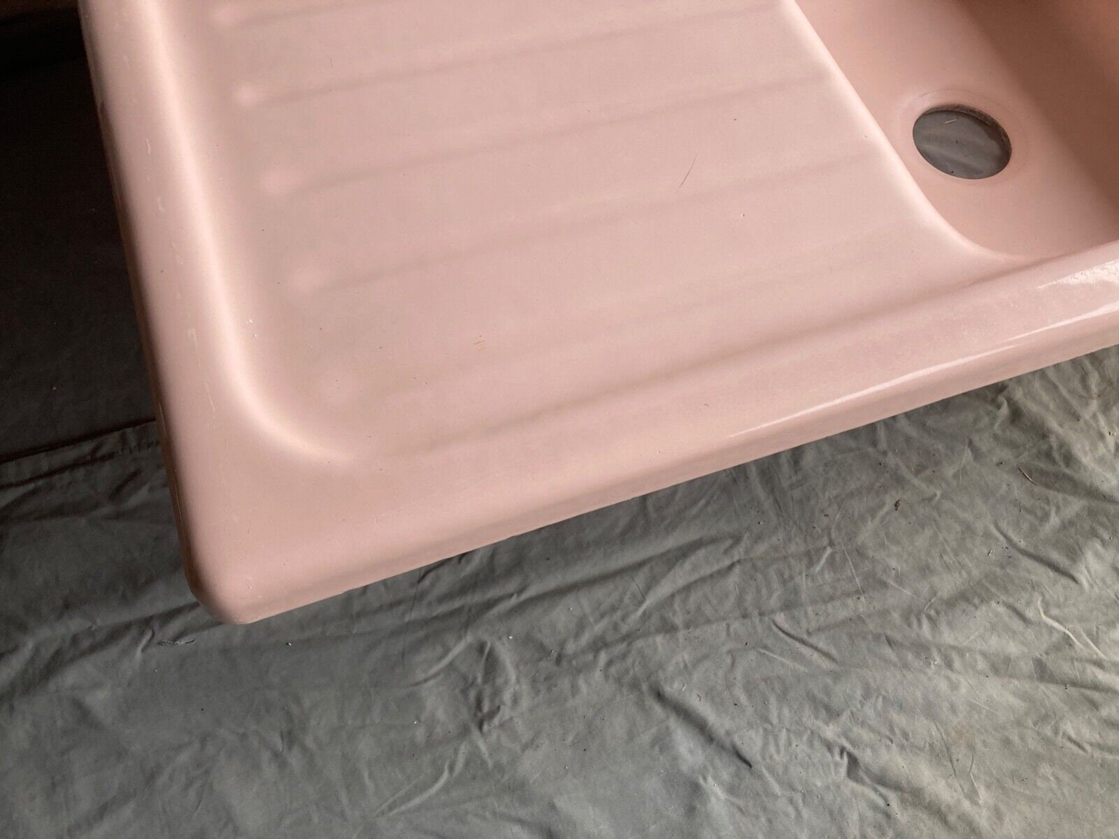 Vintage Mid Century Coral Pink Porcelain Double Basin Drainboard
