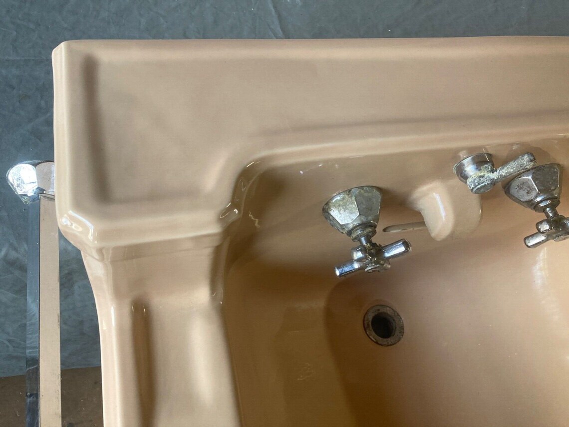 Antique Tan Beige Porcelain Sink Chrome Legs Towel Bars Old Etsy