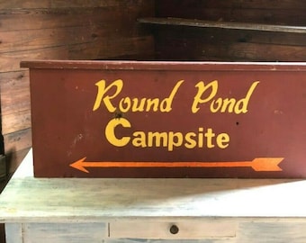 Vintage 1960&#39;s ROUND POND CAMPSITE wood sign camping cabins Maine 15&quot; x 37.5&quot;