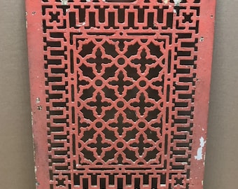 Antique 14x20 Gothic Clover Cold Air Return Cast Iron Red Grate VTG Old 1114-26B