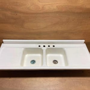 Vintage  Mid Century Porcelain Double Basin Drainboard Kitchen Farm Sink 336-24E***PICK UP ONLY***