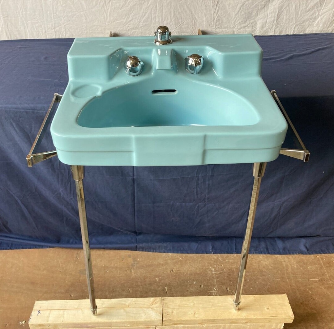 Vtg Mid Century Sky Blue Crane Drexel Bath Sink Chrome Legs Towel Bars