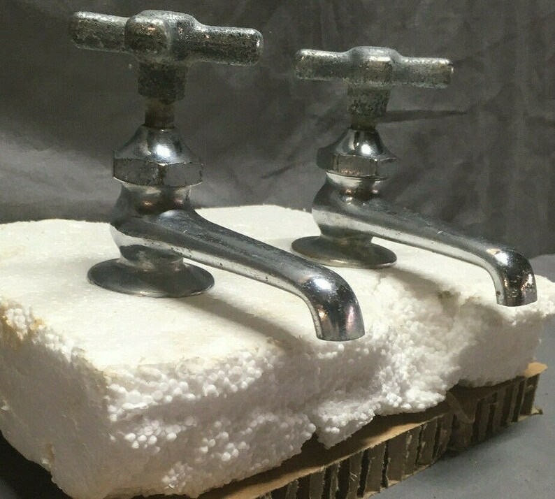 Antique Pair Chrome Brass Separate Hot Cold Sink Faucets Etsy
