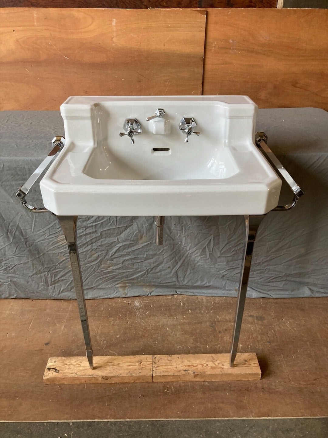 Vtg Mid Century White Bath Wall Sink Chrome Legs Towel Bars Old